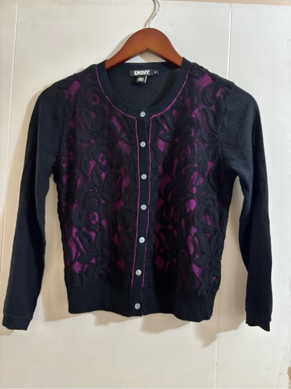DKNY Black Cardigan with Purple Lace-Overlay